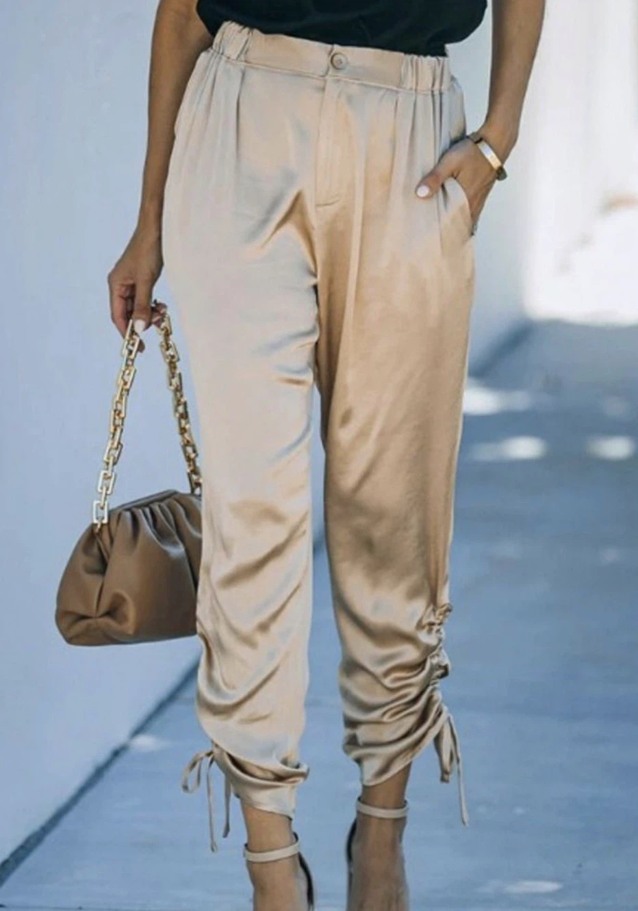 Gold Satin Ruched Pants NEW
