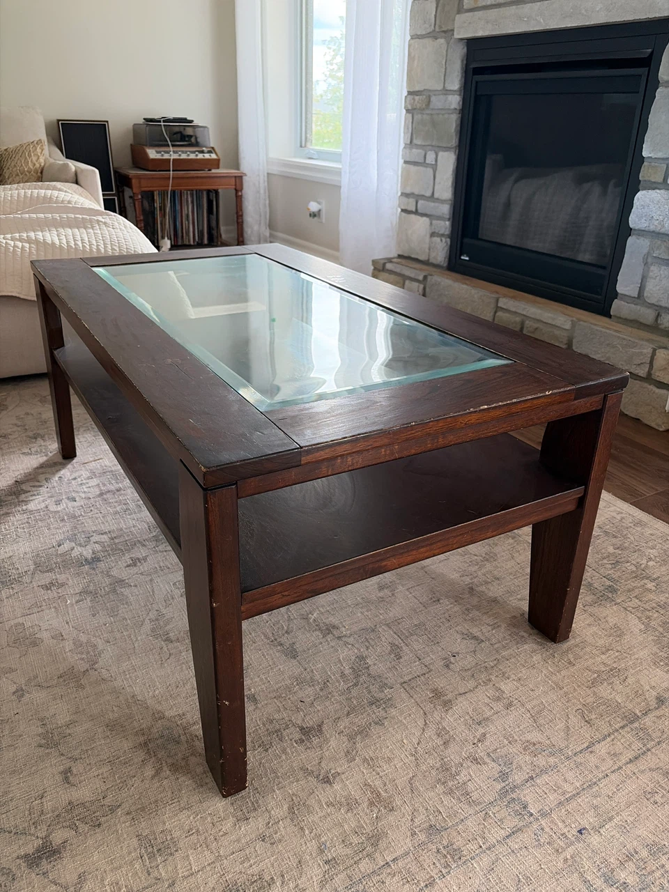 Dark Wood Coffee Table with Glass Top