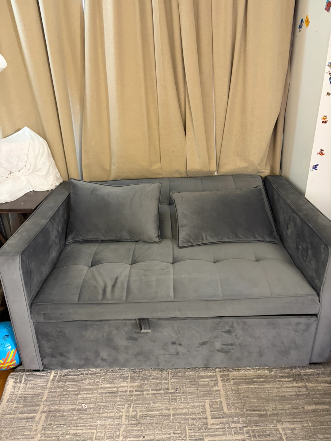Grey Velvet Pull-Out Sofa Bed