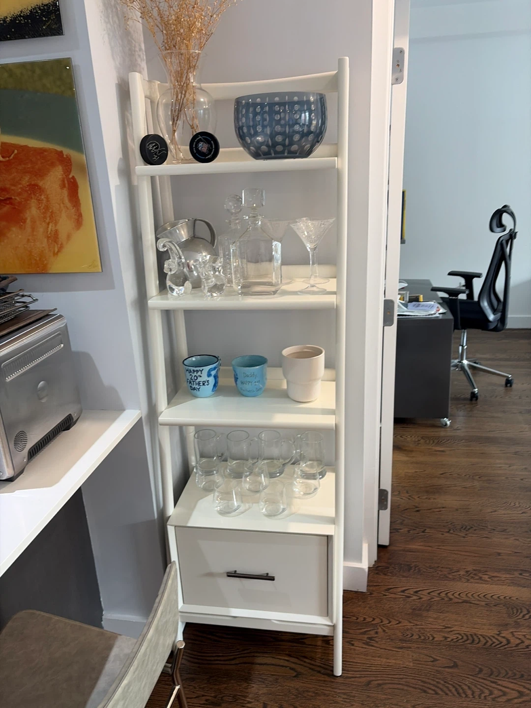 White Ladder Bookshelf with Storage Drawer