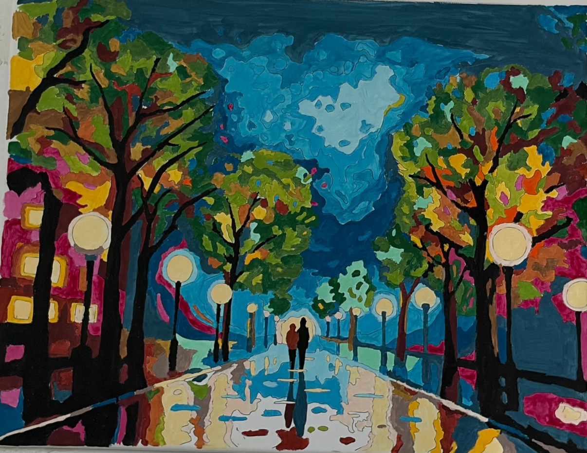 Abstract Painting of Couple on Rainy Street