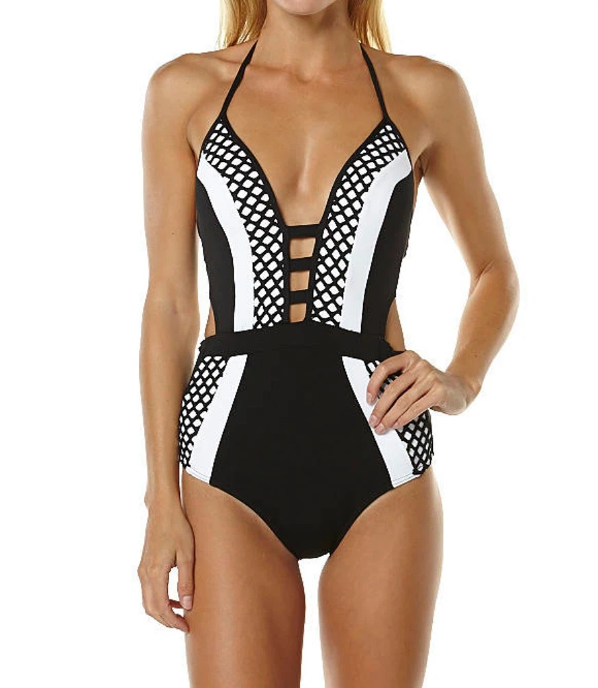 Black and White Mesh Halter One-Piece Swimsuit