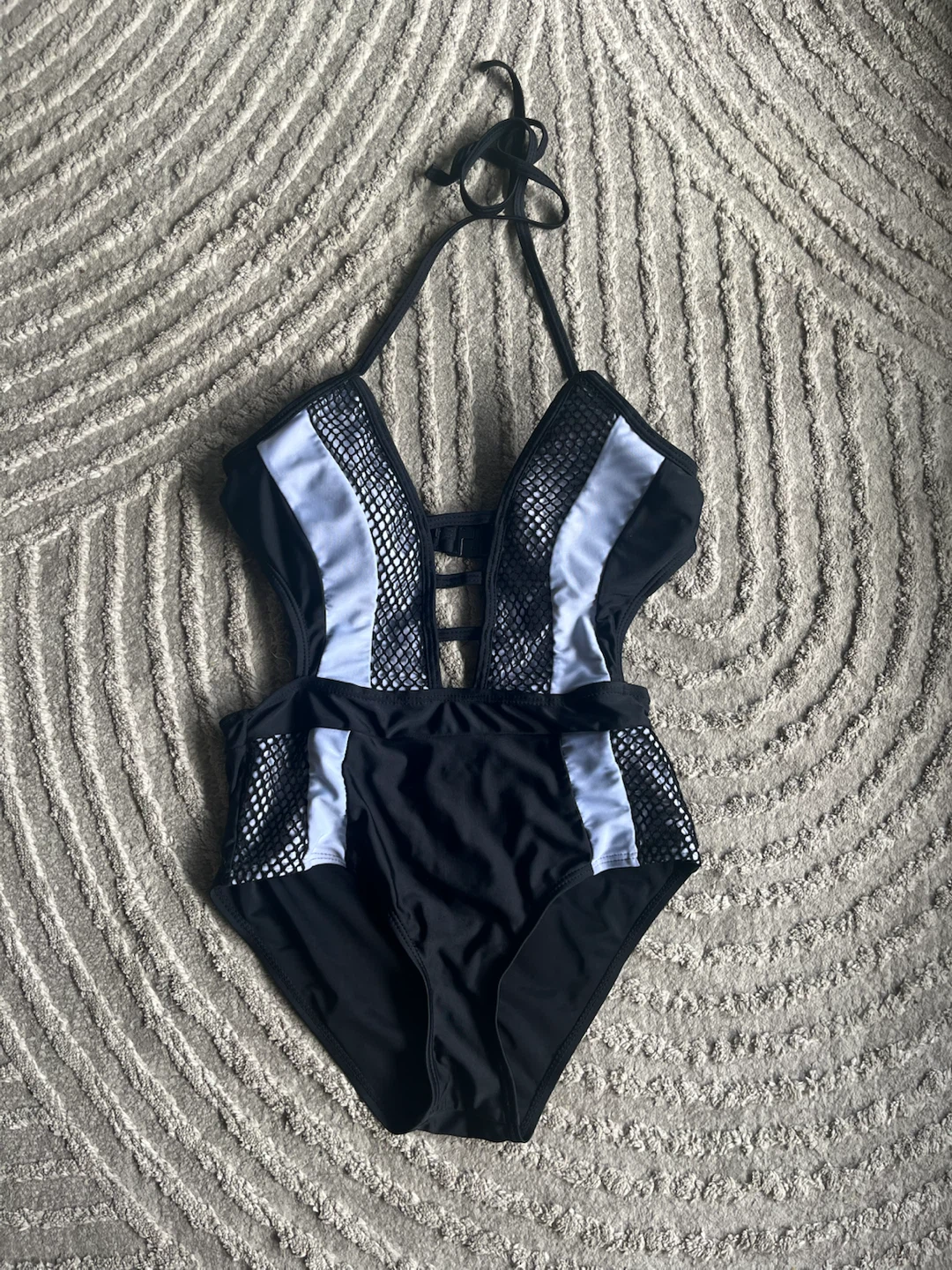 Black and White Mesh Halter One-Piece Swimsuit - photo 2