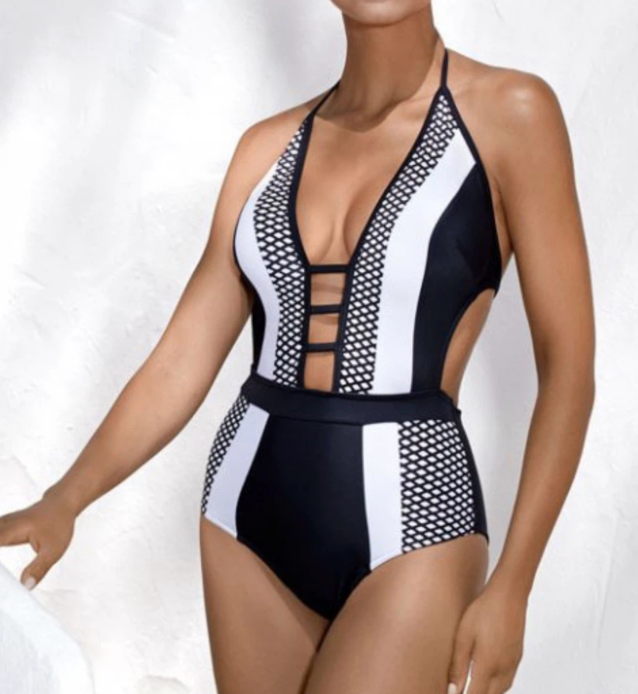 Black and White Mesh Halter One-Piece Swimsuit - photo 3