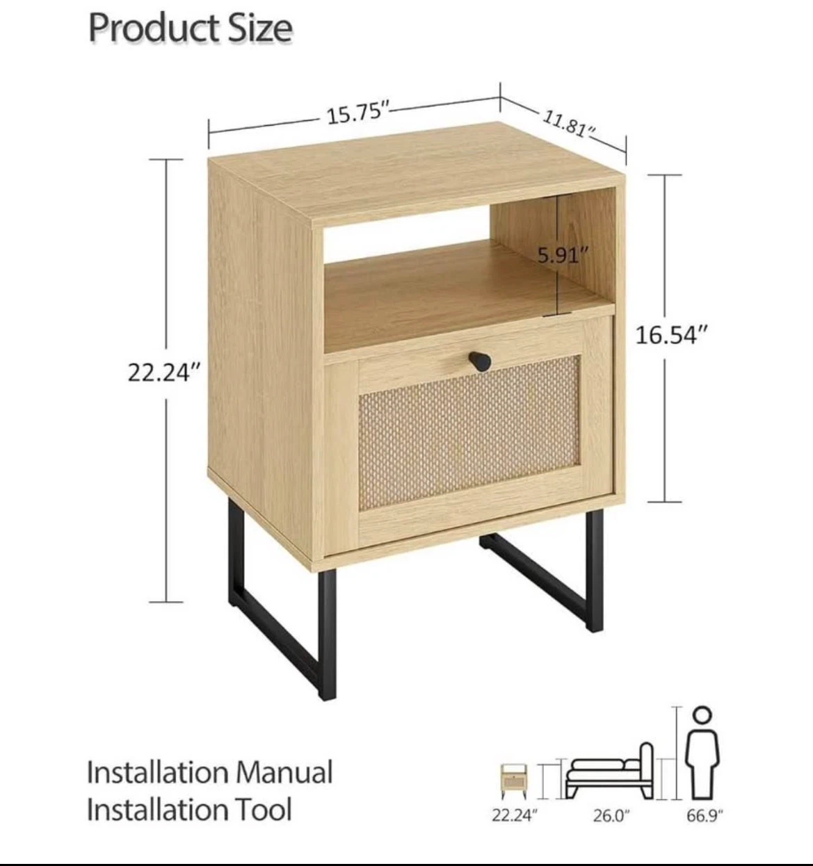 Wood Nightstand with Drawer and Shelf - photo 2