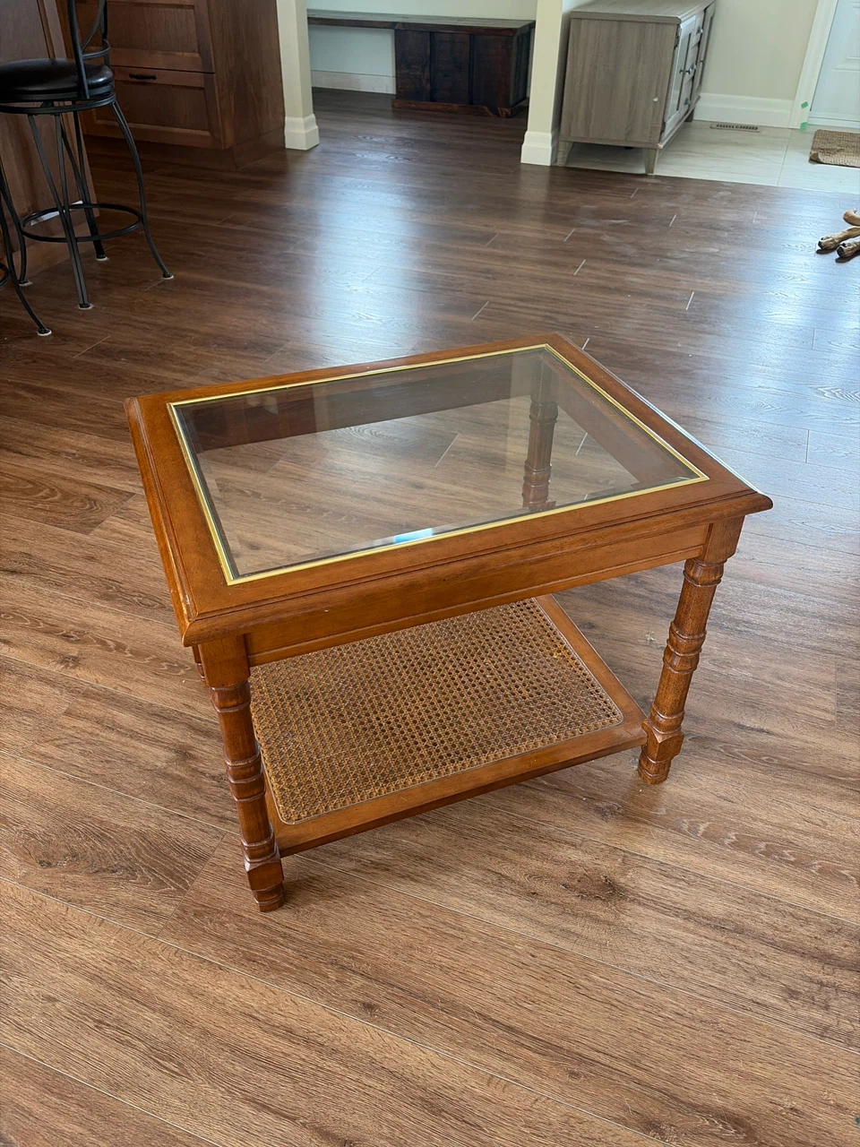 End Table with Glass Top and Cane Shelf