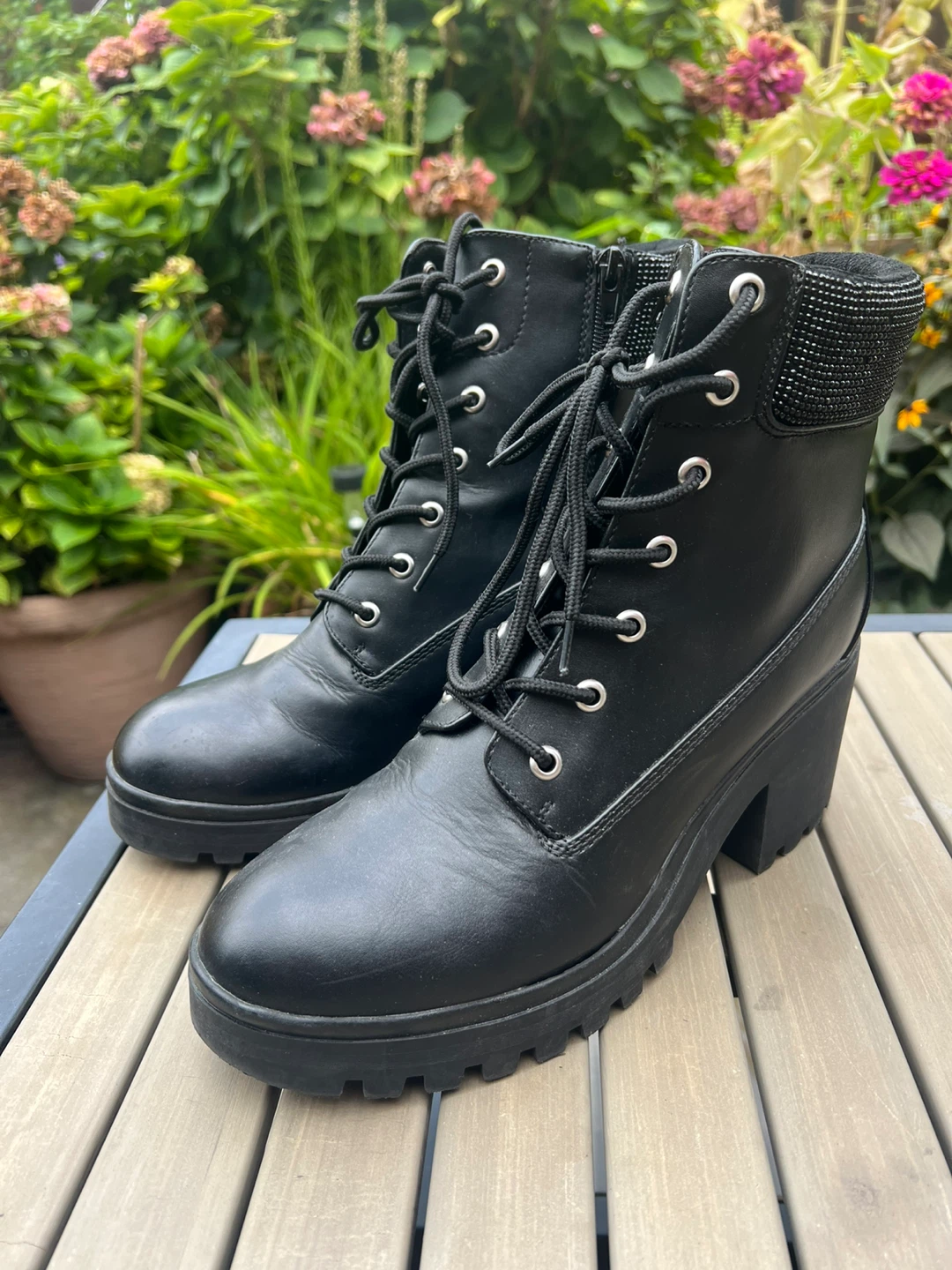 Black lace-up block heel boots size 10