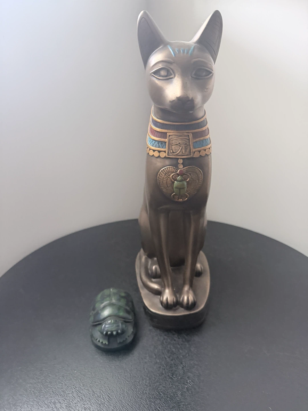 Egyptian Bastet Cat Statue and Scarab Figurine Set
