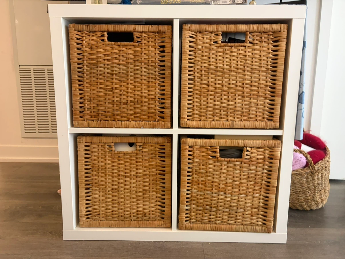 Ikea Kallax - White Cube Storage Unit with 4 Wicker Baskets