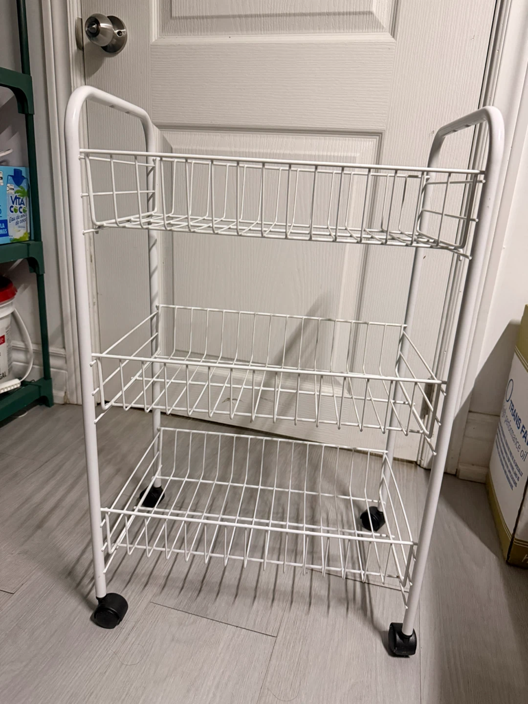 Three-Tier White Wire Rolling Cart