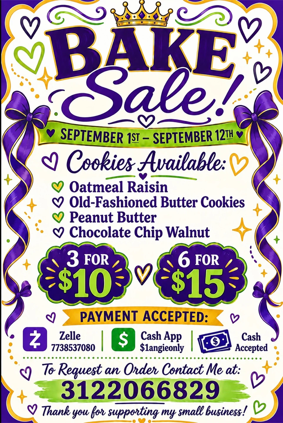 Bake Sale: Assorted Cookies Available September 1st-12th