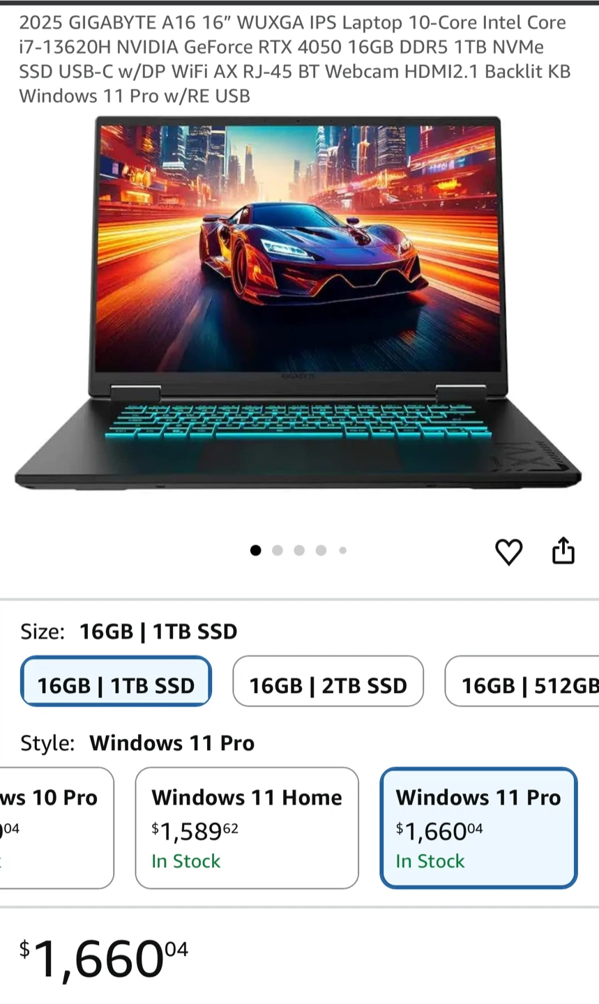 2025 Gigabyte A16 16 inch Gaming Laptop