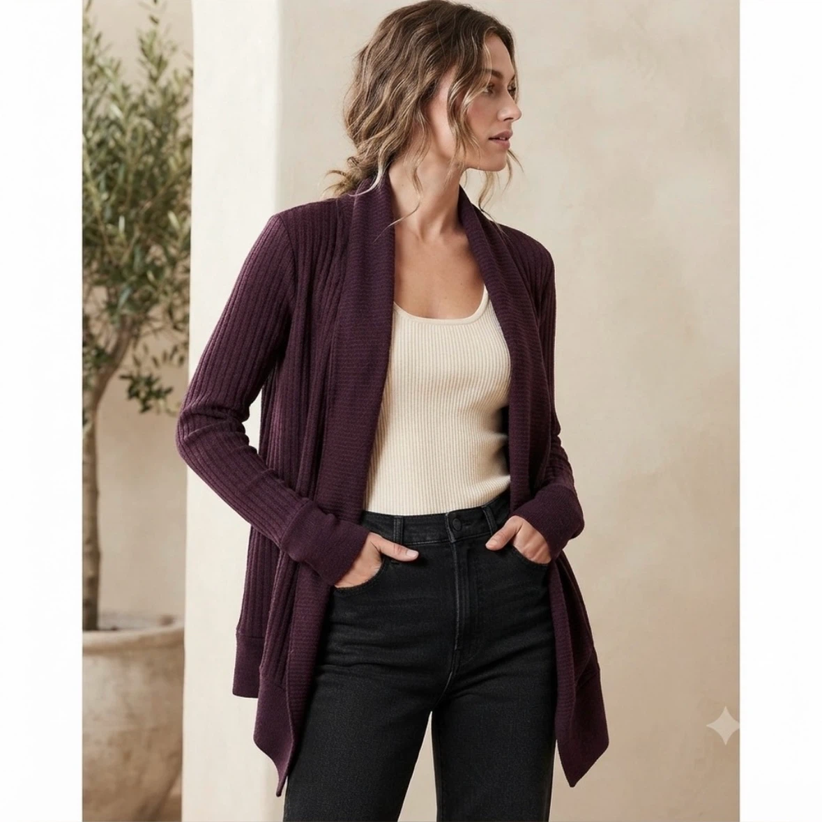 Athleta Tiburon Ribbed Knit Waterfall Cardigan Purple Size M EUC