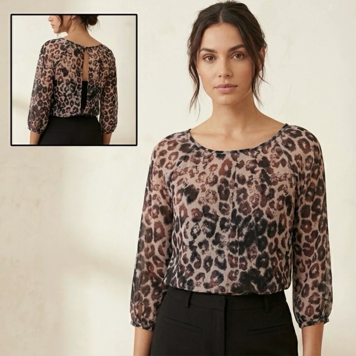 Dynamite Sheer Leopard Print Open Back Blouse Womens Size S
