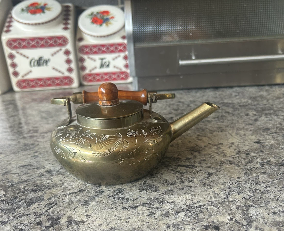 Vintage Etched Brass Teapot with Wooden Handle