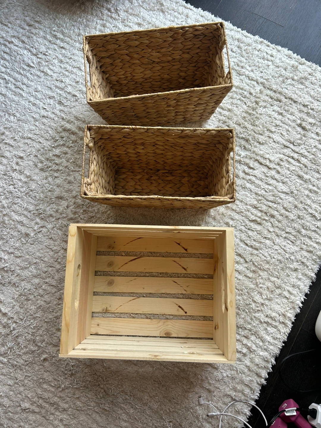 Woven Baskets and Wooden Crate