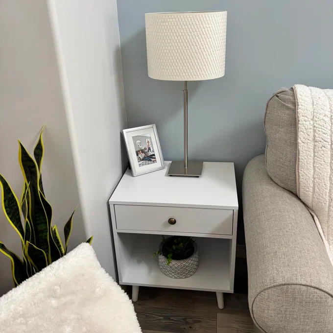 Nightstand with Drawer and Open Compartment, Solid Wood Legs