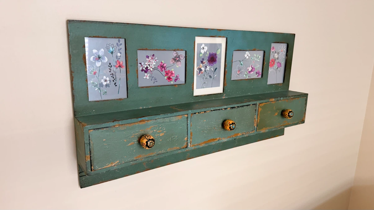 Distressed Green Wall Shelf with Drawers