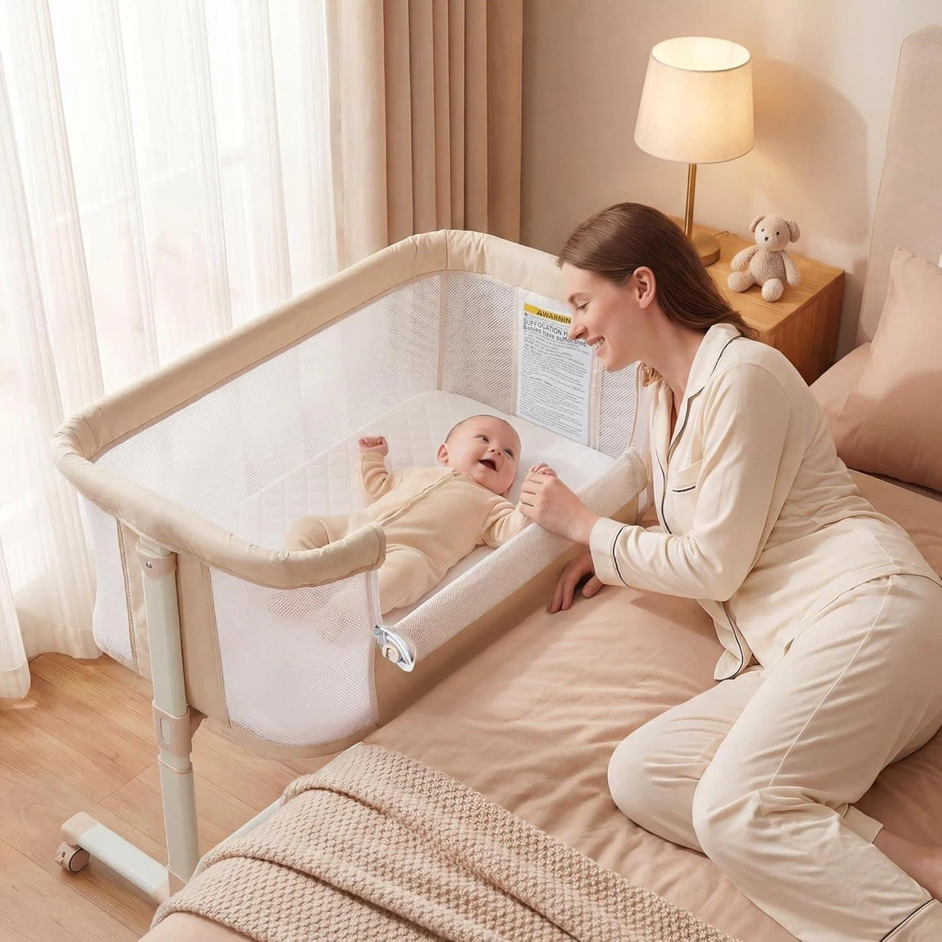 Baby Bassinet - Adjustable Height, Beige