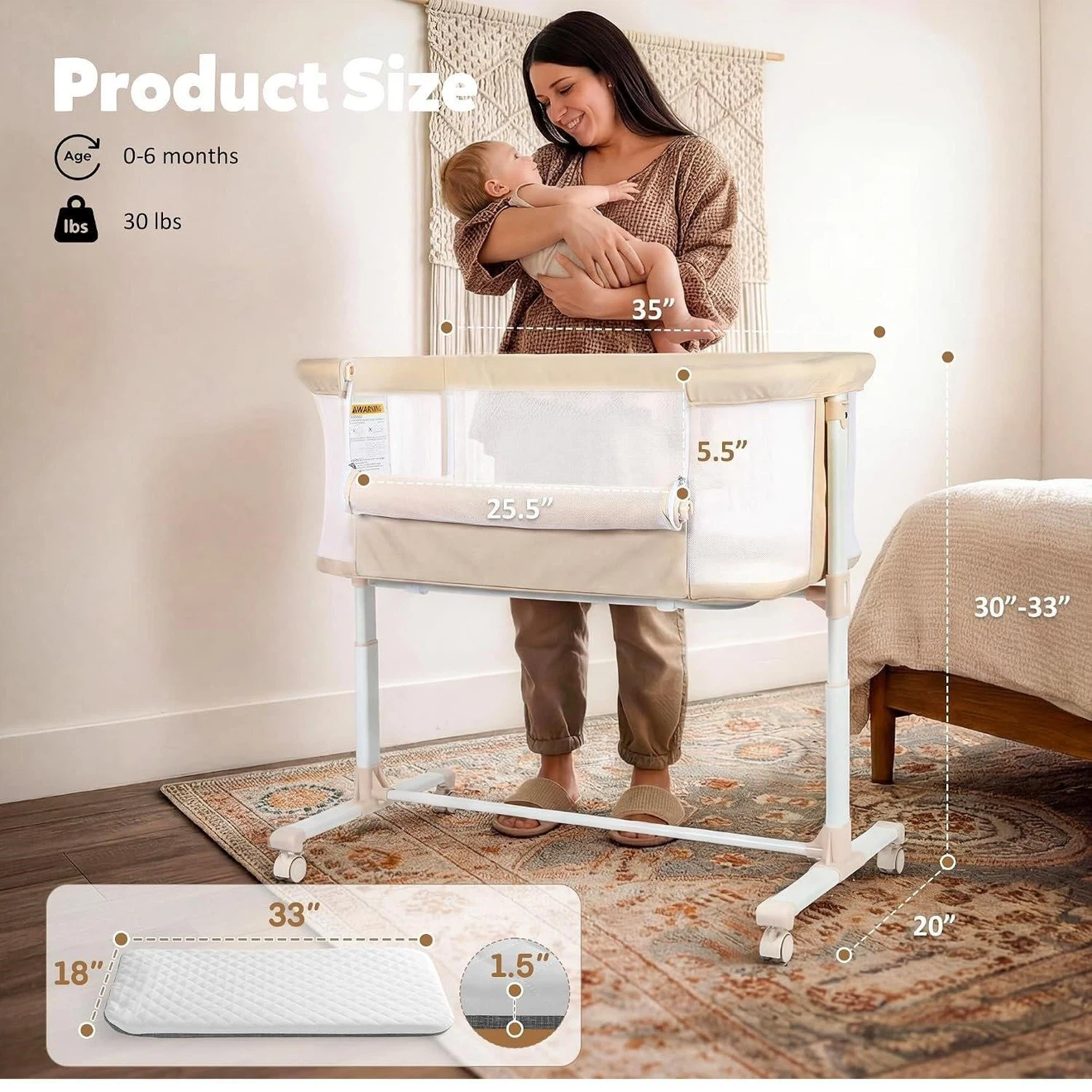 Baby Bassinet - Adjustable Height, Beige - photo 2