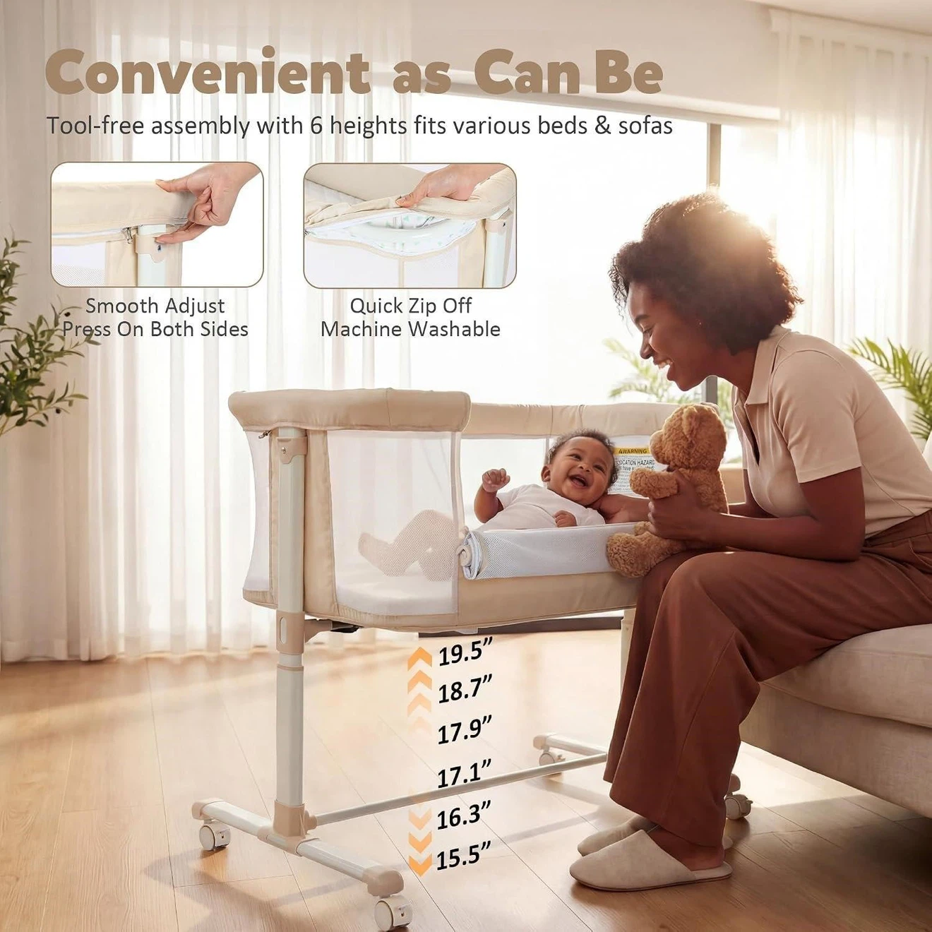 Baby Bassinet - Adjustable Height, Beige - photo 3
