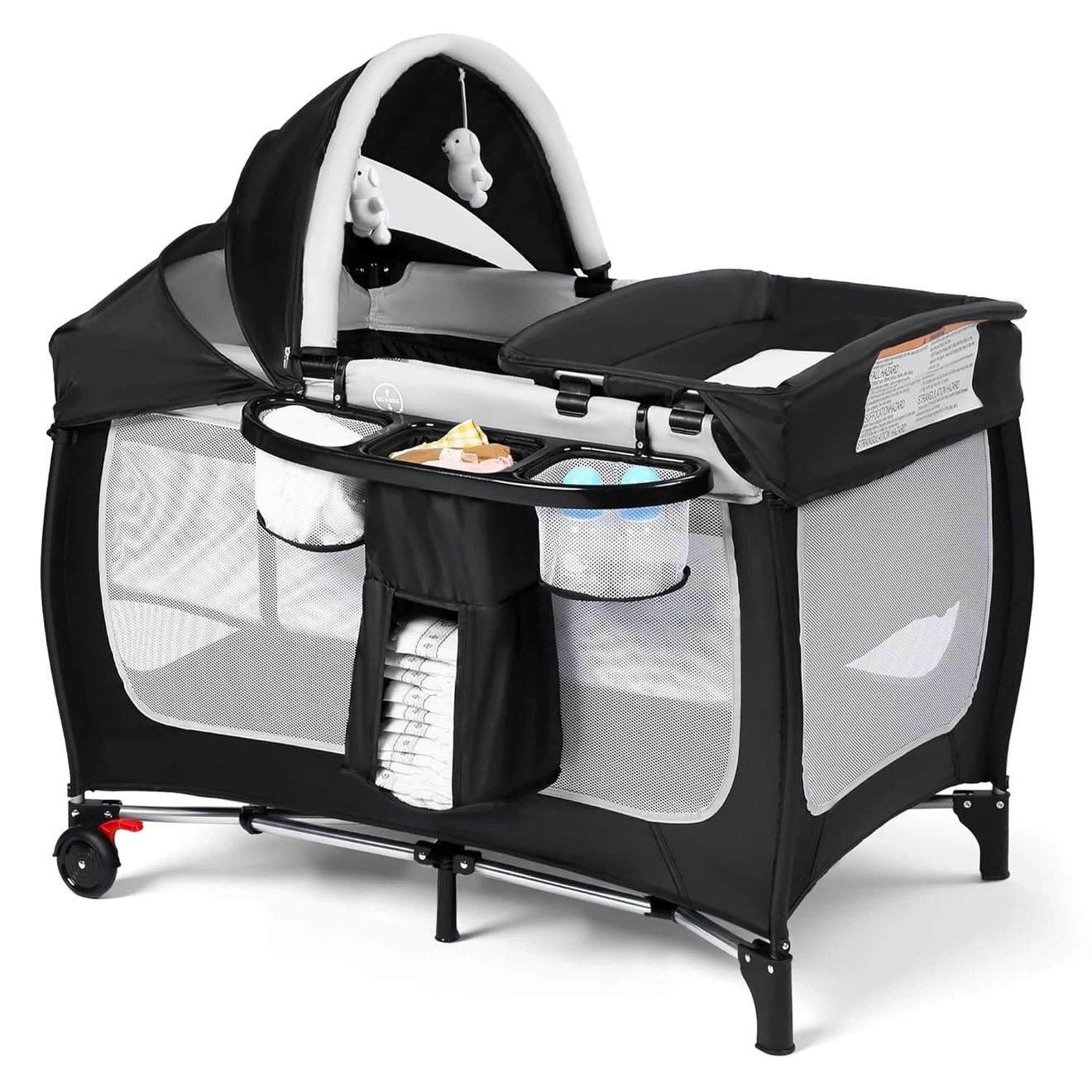 Black Baby Bassinet Playard with Canopy and Organizers