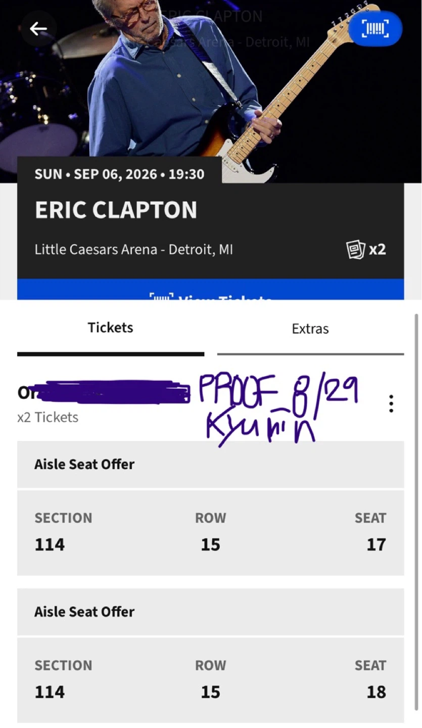 Selling 2 Eric Clapton tickets – Detroit, Sep 6