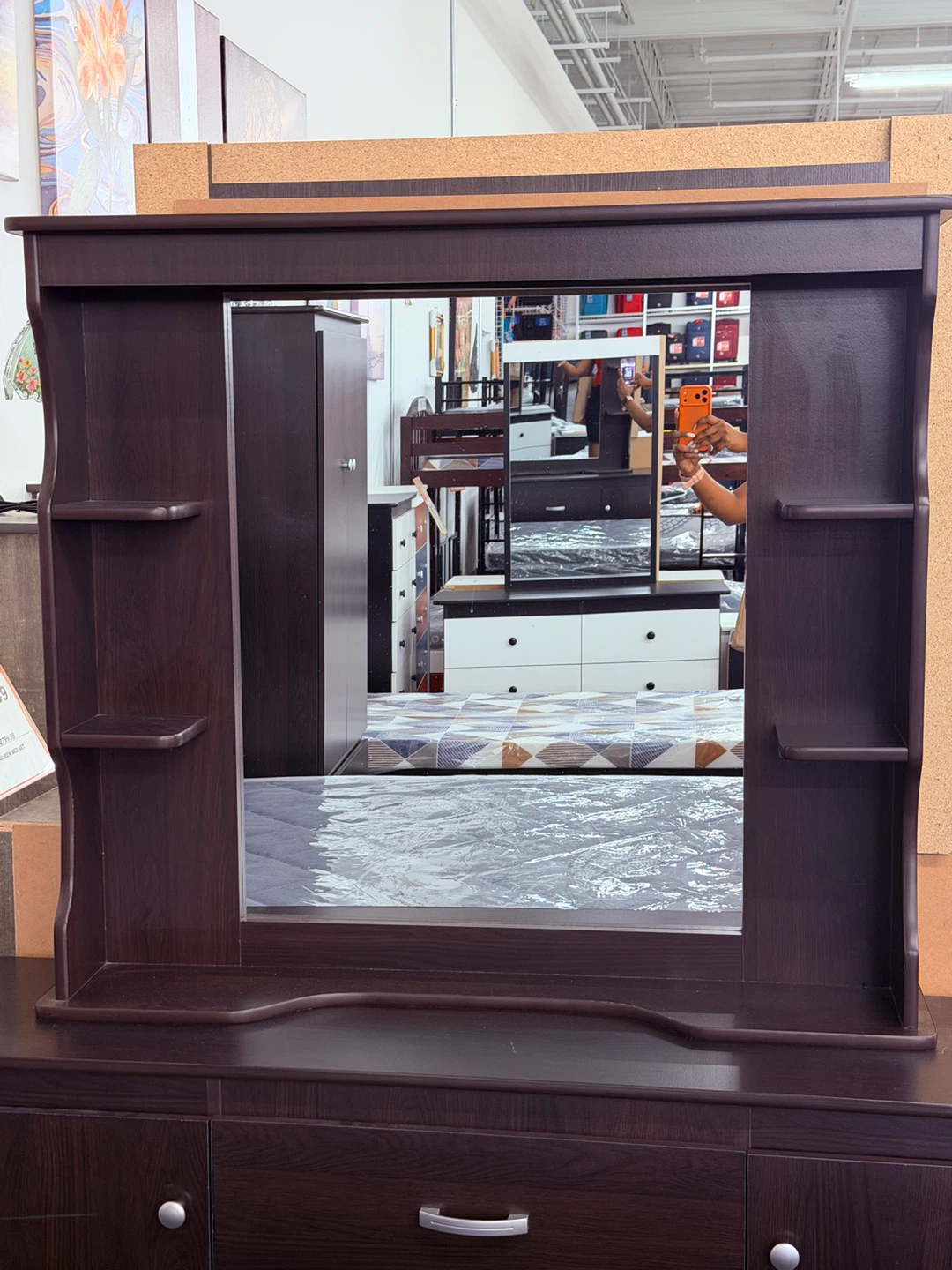 Dark Brown Mirror with Side Shelves