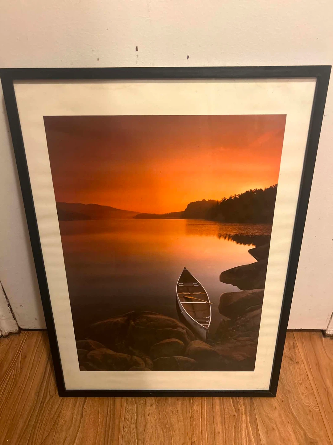 Framed Landscape Art Print with Canoe at Sunset
