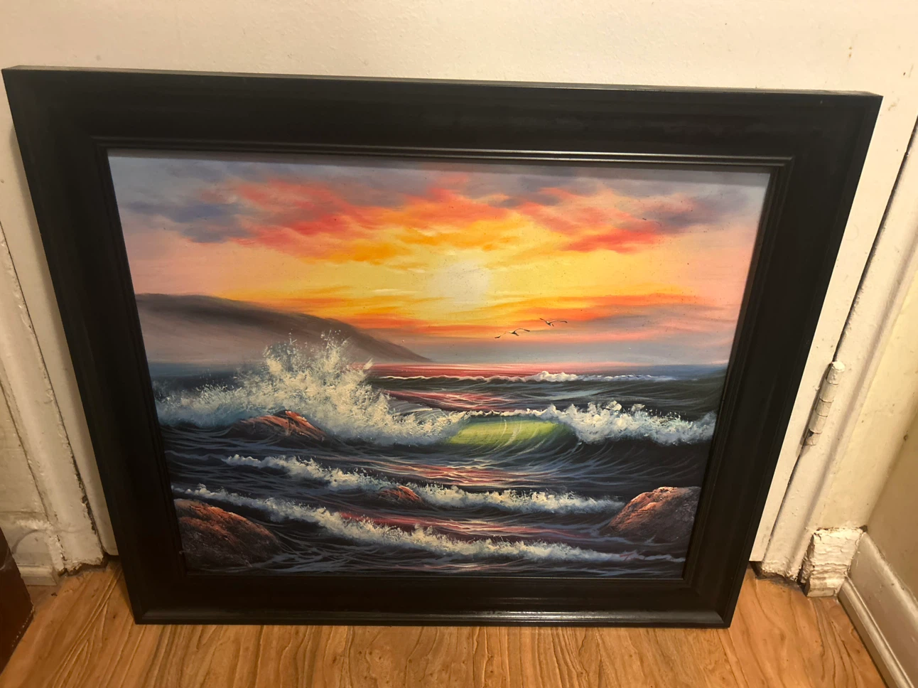 Framed Ocean Sunset Oil Painting