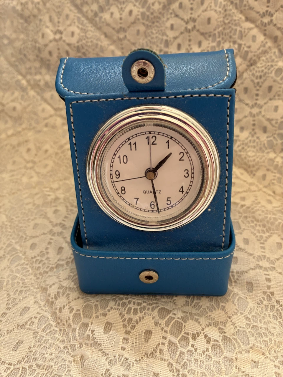 Blue Leather Case Travel Quartz Clock