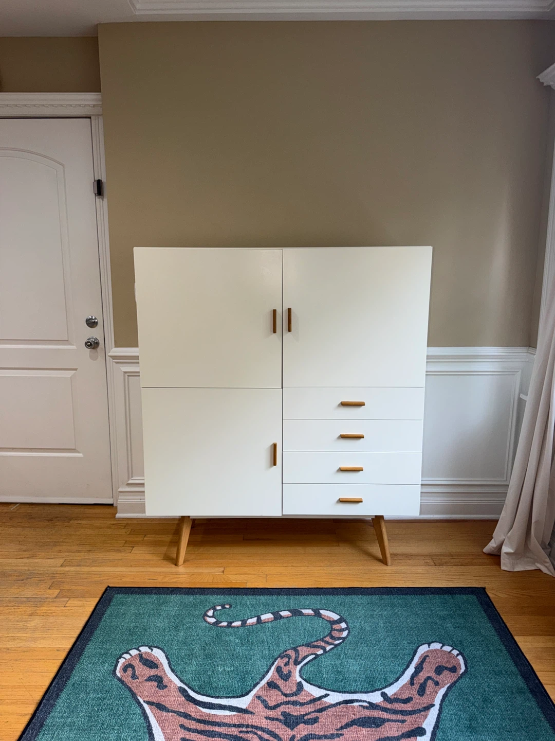 White Highboard( mid century )with Wood Legs and Handles
