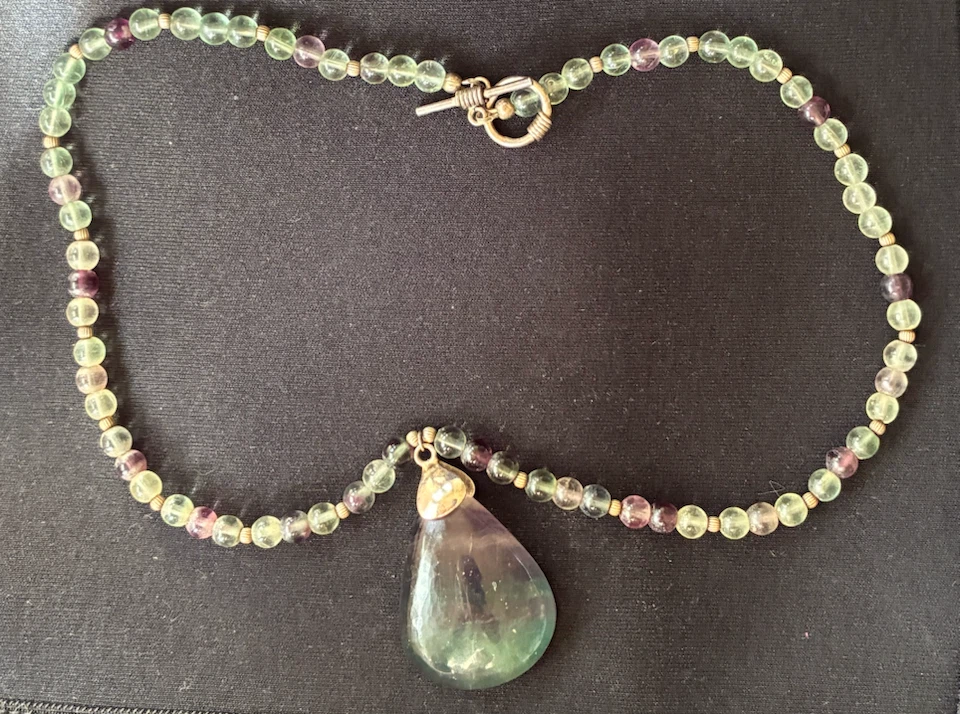 Fluorite Bead Necklace with Teardrop Pendant