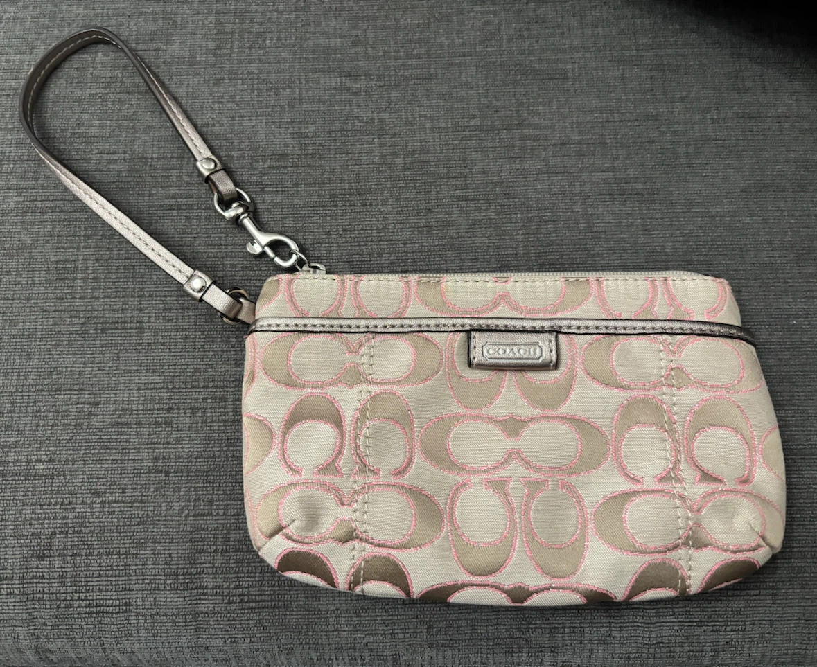 Coach Vintage Pink & Beige Signature Canvas Wristlet Pouch