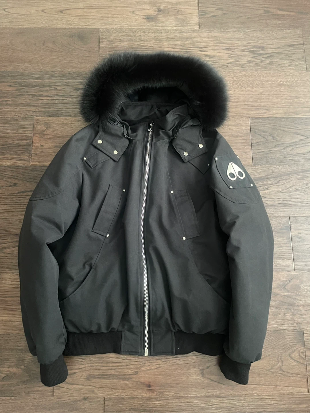 Moose Knuckles Black Down Filled Bomber Jacket
