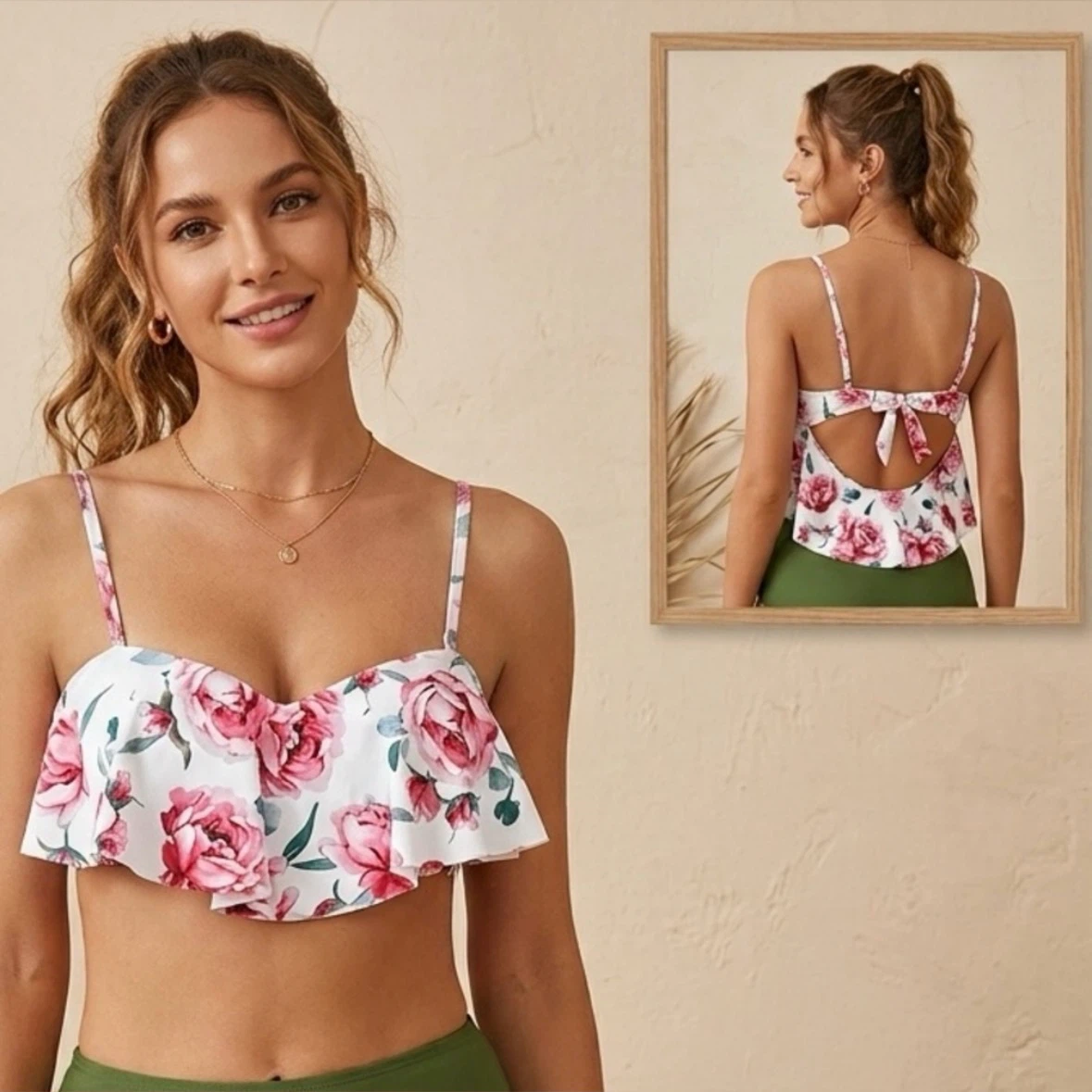 PatPat Floral Underwire Bikini Swimsuit Top Ruffle Sleeves Sz L