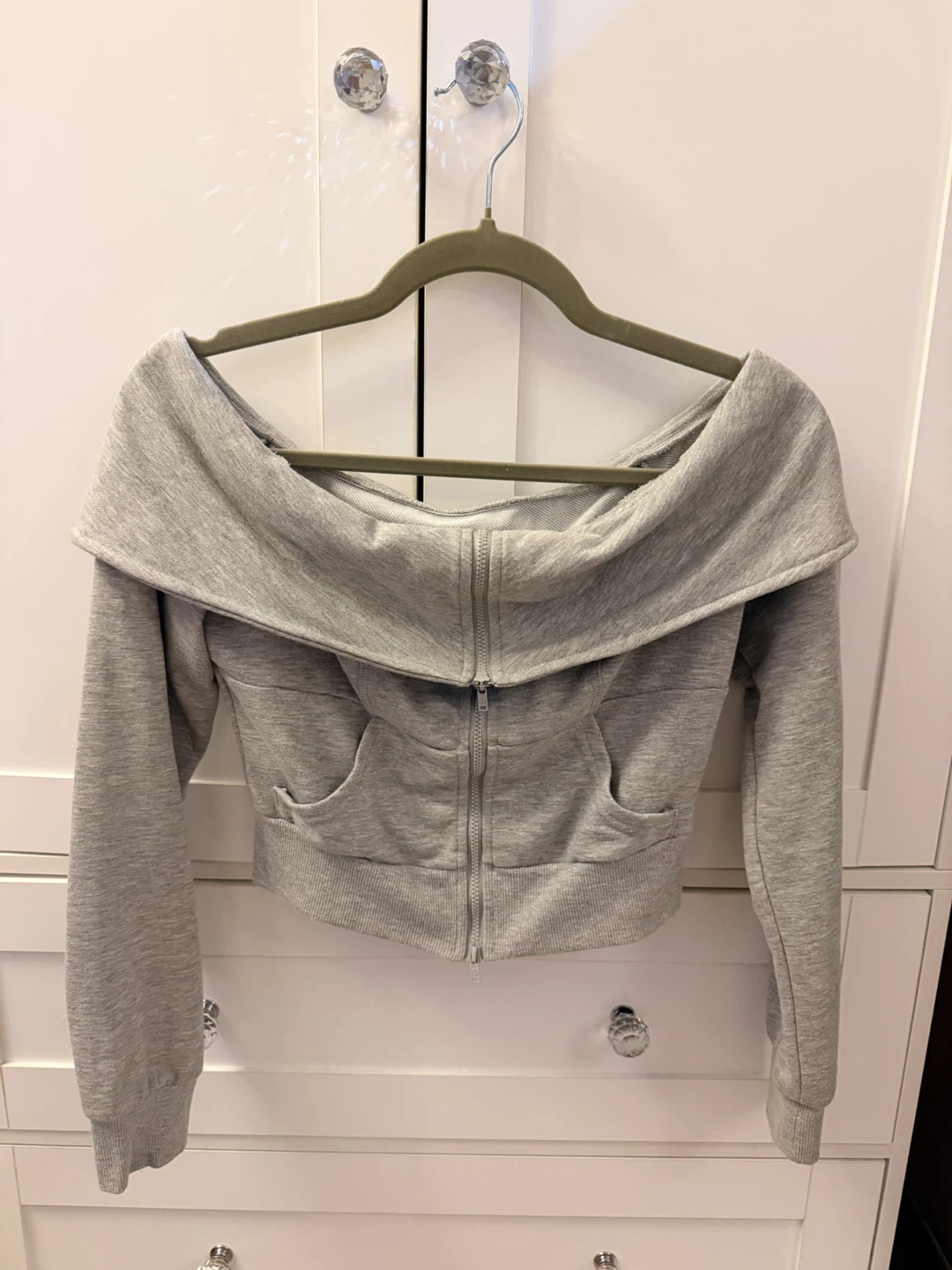 Grey Off-the-Shoulder Zip-Up Hoodie