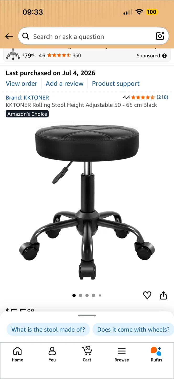 KKTONER Rolling Stool - Adjustable Height 50-65 cm, Black