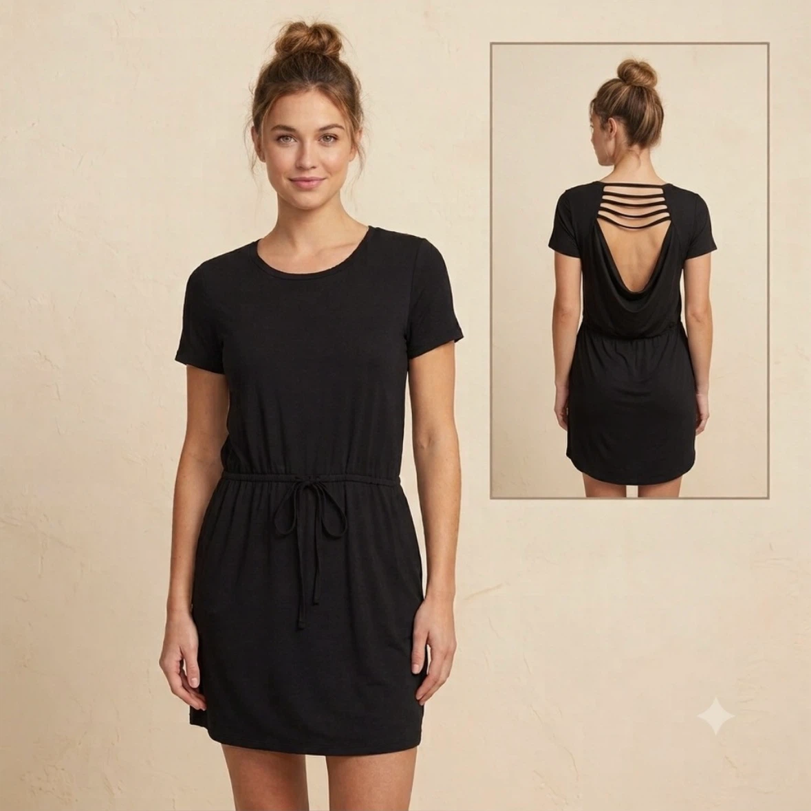 Chaser Strappy Open Back Cowl Back T Shirt Dress Tie Waist Sz M