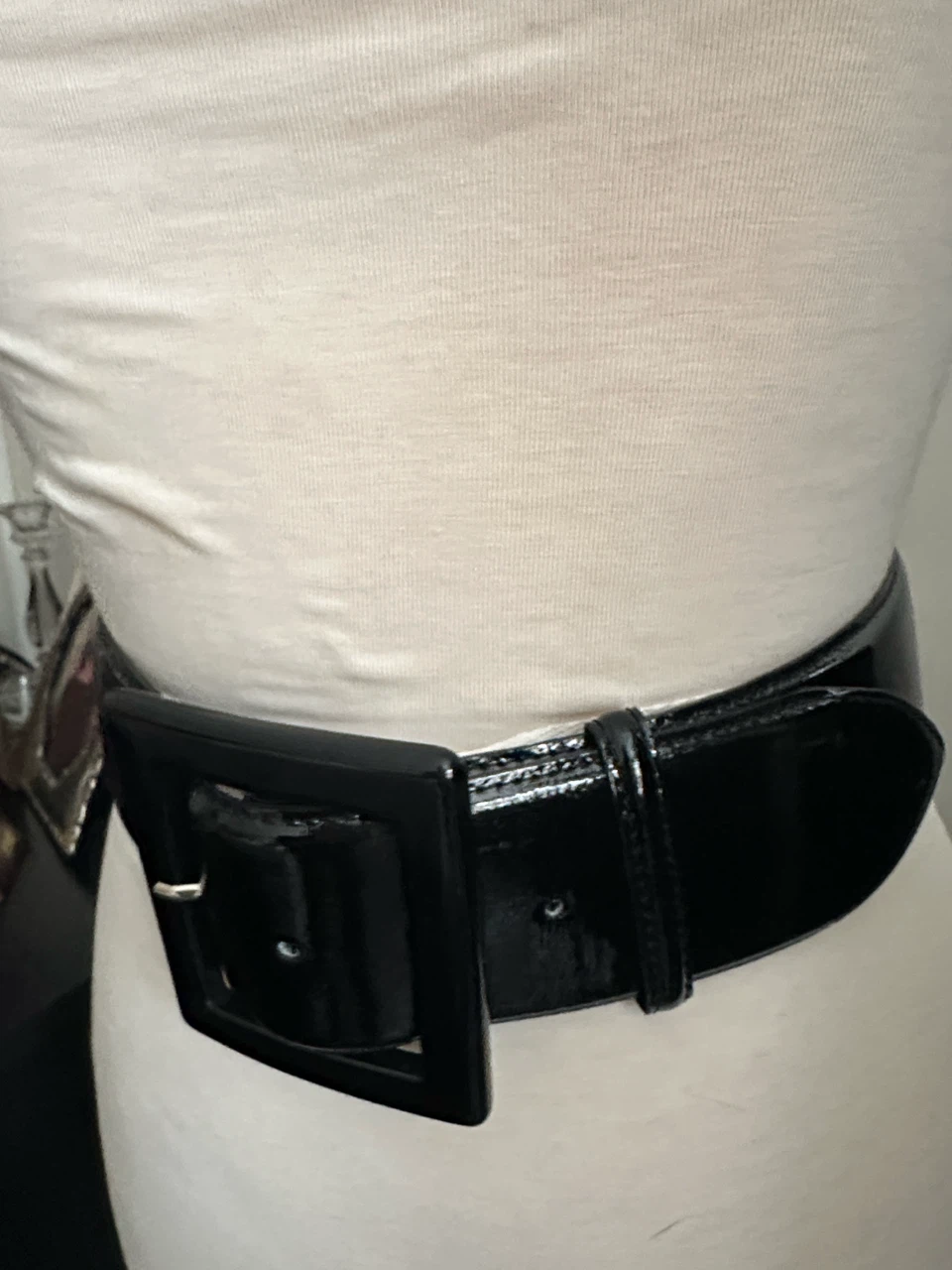 Black Patent Leather Wide Belt with Square Buckle