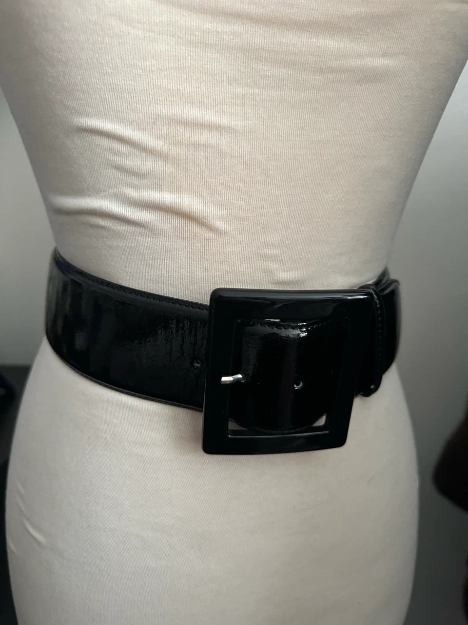 Black Patent Leather Wide Belt with Square Buckle - photo 2