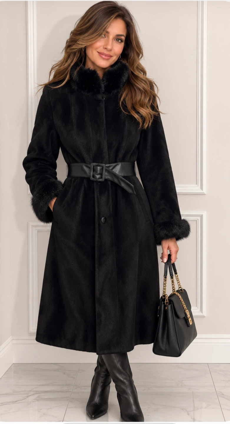 Laura Plus black faux fur trimmed coat