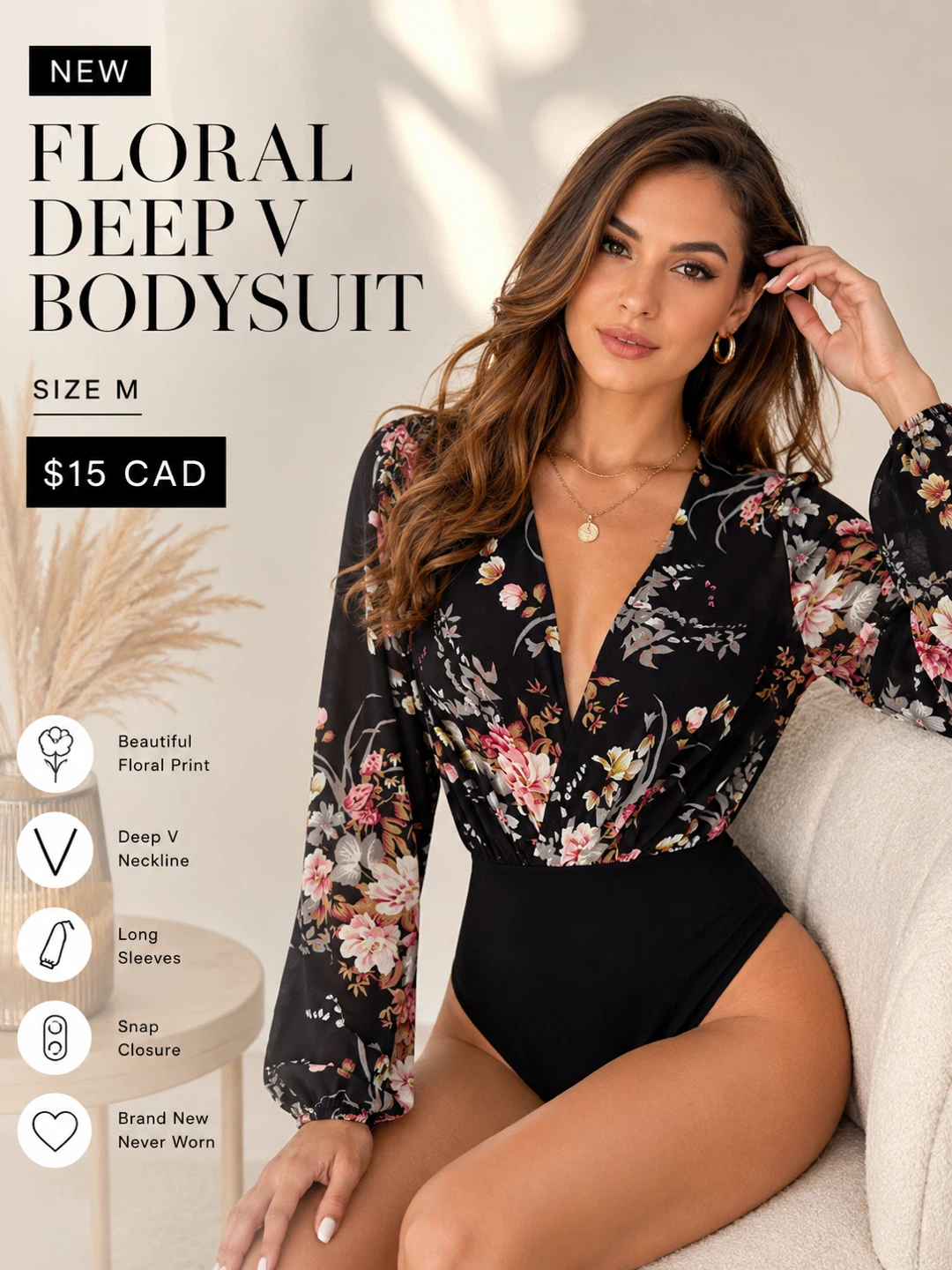 NEW Floral Deep V Bodysuit – Size M – $15