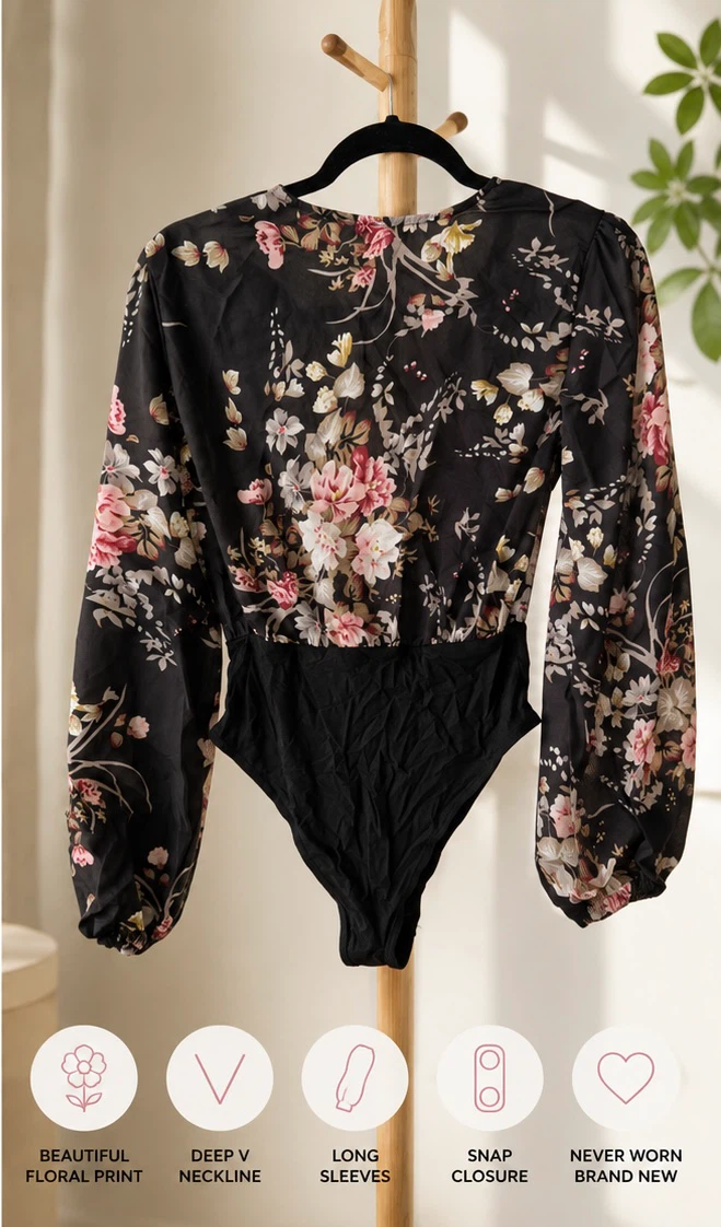 NEW Floral Deep V Bodysuit – Size M – $15 - photo 2