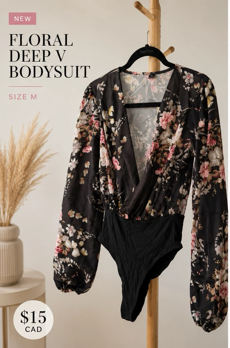 NEW Floral Deep V Bodysuit – Size M – $15 - photo 3