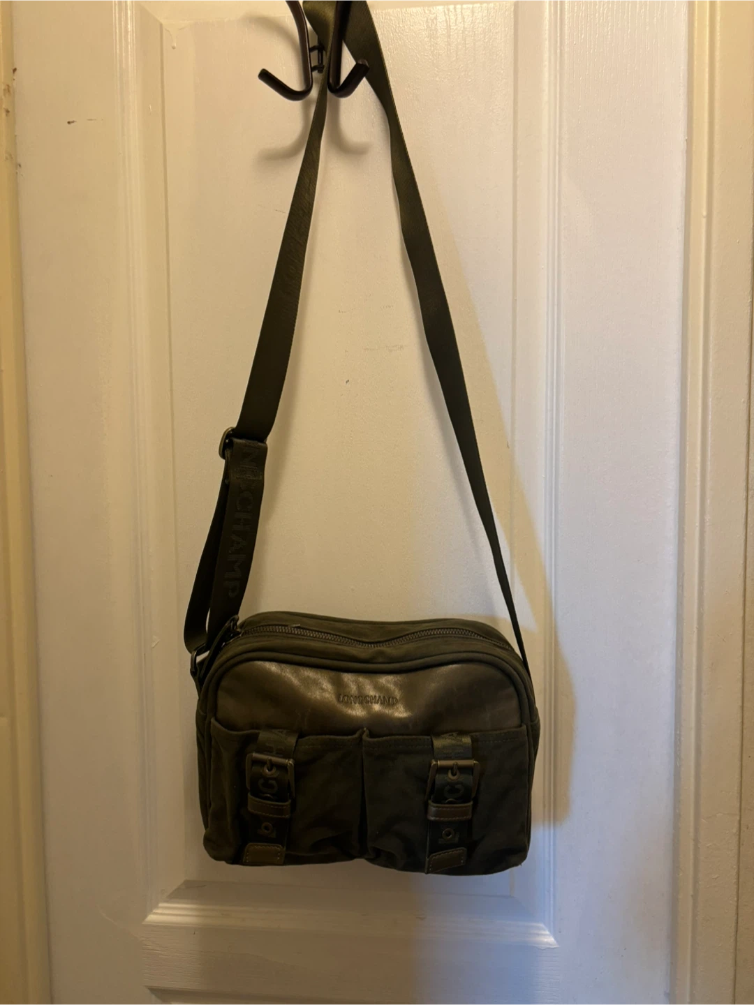 Longchamp Green Canvas & Leather Crossbody Bag