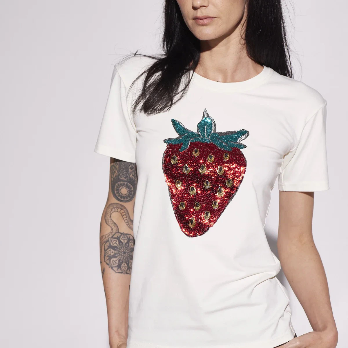 L - White T-Shirt with Sequin Strawberry Graphic - photo 2