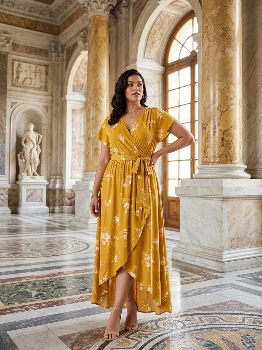 AVA & VIV Yellow Floral Wrap Dress