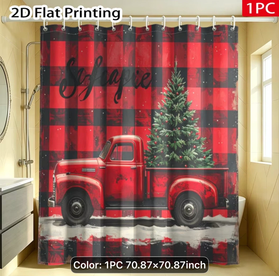 Christmas Buffalo Plaid Truck Shower Curtain