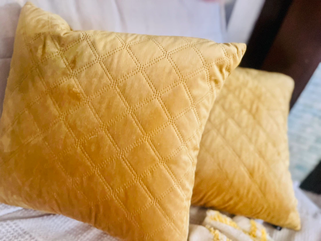 Golden Yellow Velvet Pillows and Textured Throw - photo 3